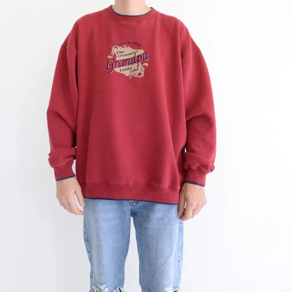 Vintage  90s M&C Sport Maroon Embroidered Greatest Grandpa Crew Neck Sweater XXL